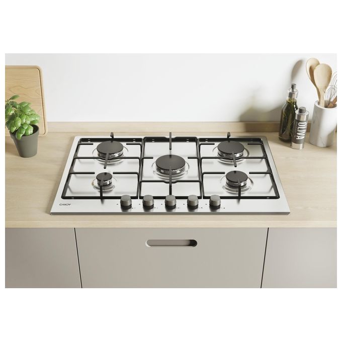 Candy Timeless CHW7X, Piano Cottura a Gas, 5 Fornelli, Acciaio Inox, da Incasso, 75 cm