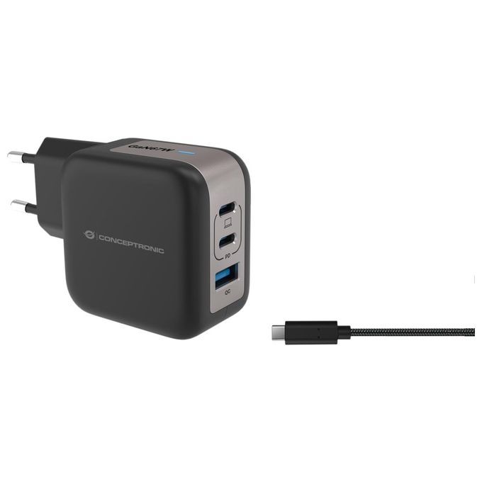 Conceptronic ALTHEA17B Caricabatterie USB GaN 3 porte 67W Power Delivery 3.0 Quick Charge 3.0 2x USB-C 1x USB-A colore Nero