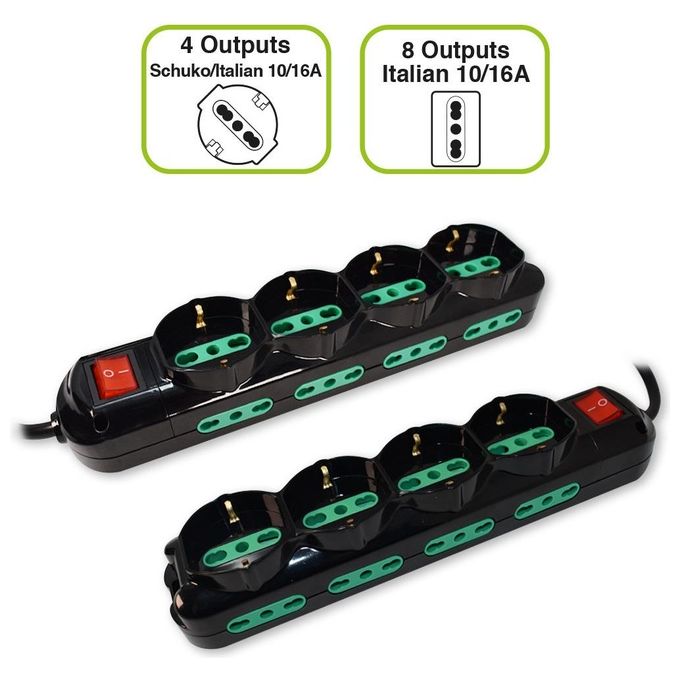 Tecnoware Power Systems Multipresa Power Cleaner 12 4 Uscite Schuko-Italia 8 Uscite Italia 10-16A Interruttore Luminoso 1.5mt Nero