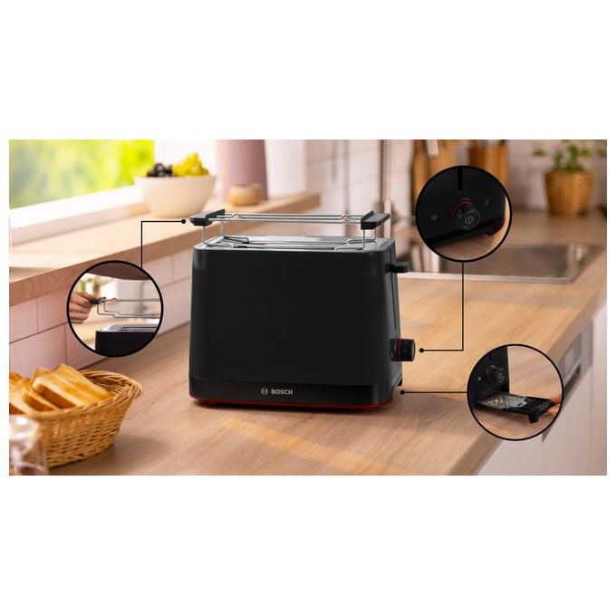 Bosch TAT3M123 Tostapane Compatto MyMoment 2 Fette 950 W Funzione Scongelamento Riscaldamento Vassoio Raccogli Briciole colore Nero