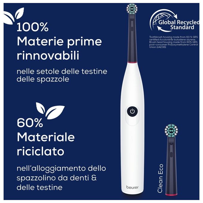 Beurer TB 15 Green Planet Spazzolino Elettrico con tecnologia oscillante e rotante - Durata batteria: 12 giorni -2 modalita' di spazzolamento (pulizia quotidiana e denti sensibili) - Timer di 2 minuti - Luce LED per livello di carica - Incl. Testina - Inc