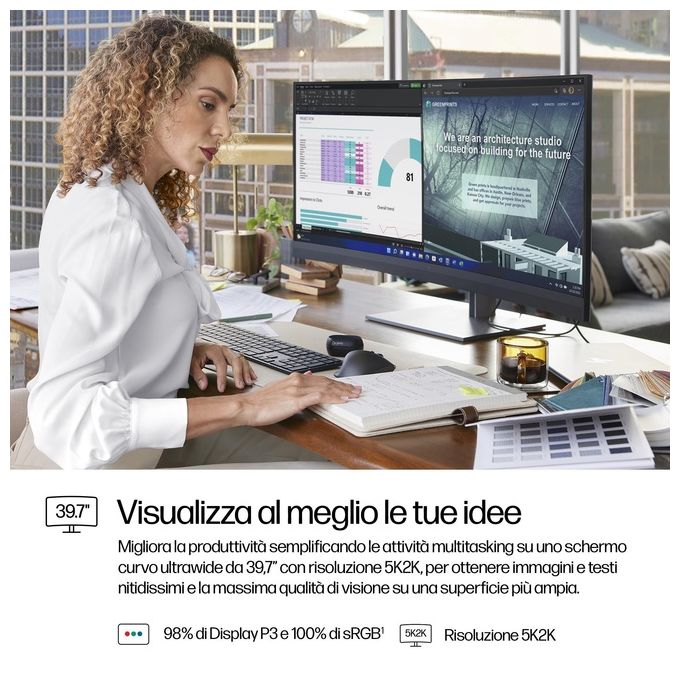 HP 8Y2R2AA#ABB Serie 7 Pro Monitor Curvo 40'' 5120 x 2160 WUHD IPS Thunderbolt 3 HDMI DisplayPort Altoparlanti Webcam 4K colore Nero Argento