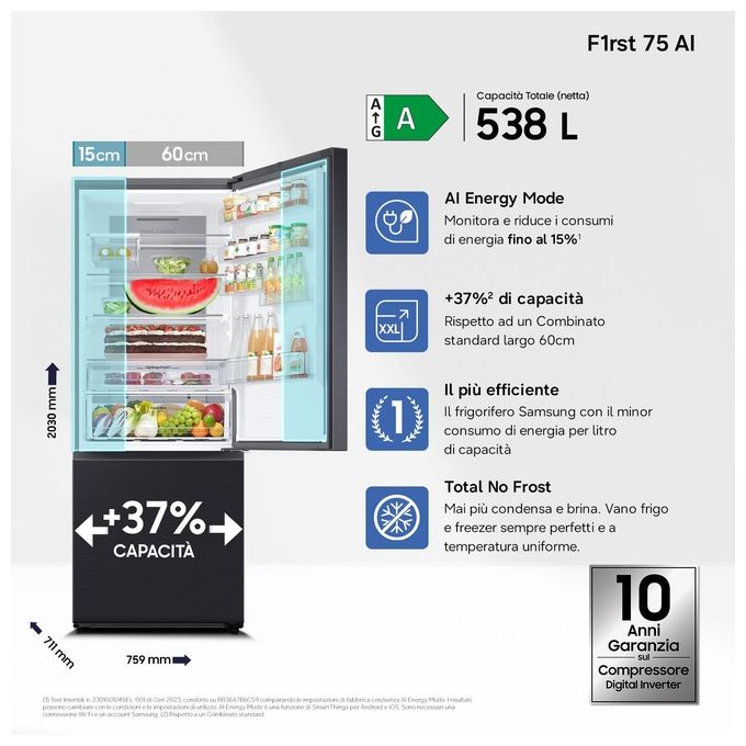 Samsung RB53DG706AB1EF Frigorifero Combinato 538 L 203 cm Classe B 34 dB No Frost Twin Cooling Wi-Fi SpaceMax colore Nero