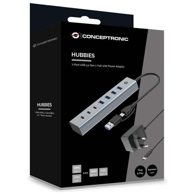 Conceptronic HUBBIES20GP Hub USB 3.2 Gen 1 a 7 porte 5 Gbps con alimentatore incluso colore Grigio
