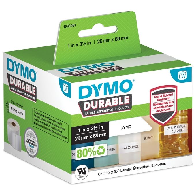 DYMO Etichette lw Durable Mutliuso 25x89 mm - Bianco - Permanente 350 Etichette x 2 Rotolo i