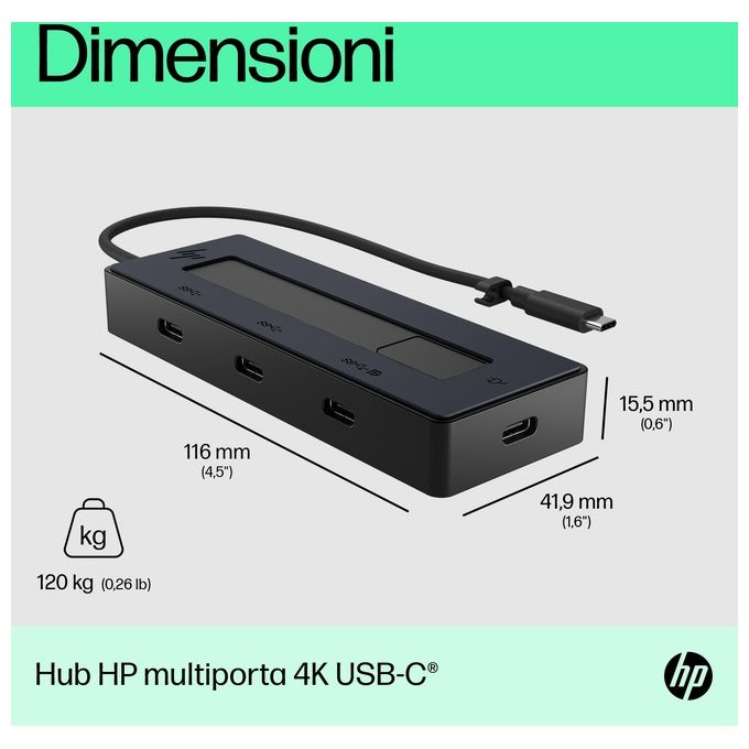 HP 6G842AA Hub Multiporta 4K USB-C 4 porte USB-C 10 Gbps risoluzione 3840x2160 fino a 65 W compatibile Windows macOS Chrome OS Android colore Nero