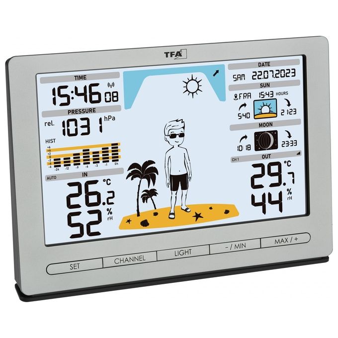 TFA-Dostmann 35.1097.54 Meteo Jack Stazione Meteo Wireless Display Colori Previsioni 12-24h Temperatura Umidita' Pressione Fasi Lunari colore Argento