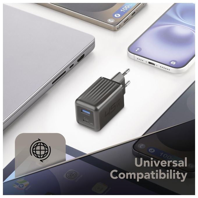 Cellularline ACHUSBGAN2PD45WK Multipower Micro Caricabatterie da Rete 45W 2 Porte USB GaN Super Fast Charging colore Nero