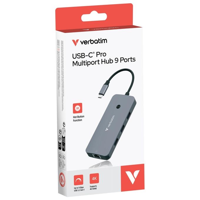Verbatim 32152 Hub Multiporta USB-C 9 in 1 con HDMI 4K@60Hz Ethernet Gigabit 2x USB-C 3.2 Gen2 3x USB-A SD-microSD colore Argento
