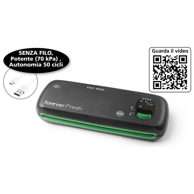 Macom VAC4000 Forever Fresh Macchina Sottovuoto Cordless Barra Sigillante 28 cm Autonomia 50 cicli USB colore Nero Verde