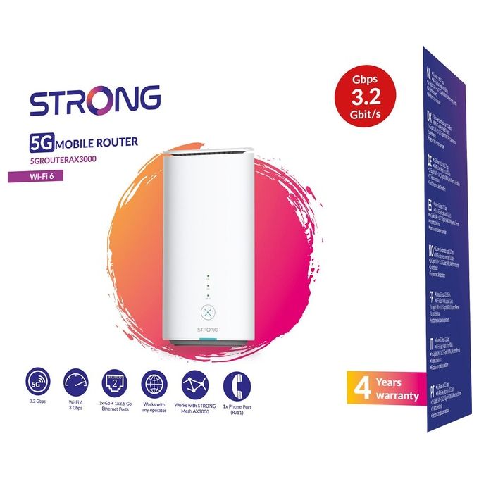 Strong 5GROUTERAX3000 Router 5G WiFi 6 AX3000 Dual Band 3.2 Gbps SIM NanoSIM 2.5GE WAN LAN VoIP Mesh colore Bianco