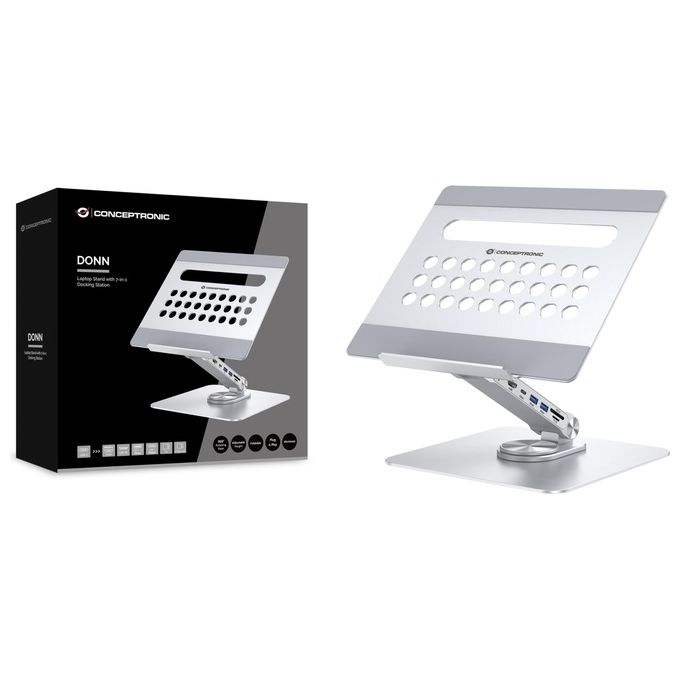 Conceptronic DONN27G Supporto per Laptop con Docking Station 7in1 Hub USB 3.2 HDMI Lettore Schede 100W colore Argento