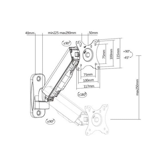 EQUIP 650136 Supporto da Parete per Monitor Singolo 17''-32'' con Molla a Gas Rotazione 360° Inclinazione Regolabile fino a 9 Kg colore Nero