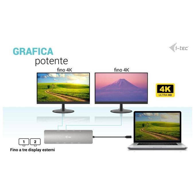 I-tec C31NANOHDM2DOCPD USB-C Metal Nano 2x Display Docking Station + Power Delivery 100 W 2 HDMI 2 USB 3.2 2 USB 2.0 USB-C Gigabit Ethernet colore Argento
