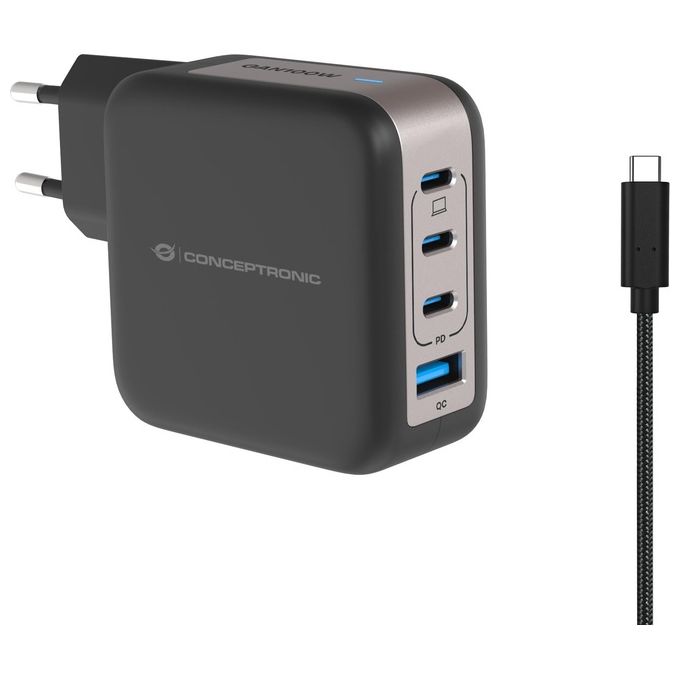 Conceptronic ALTHEA18B Caricatore USB 4 Porte 100 W GaN con Cavo USB-C 3 USB-C 1 USB-A PD 3.0 QC 3.0 PPS colore Nero