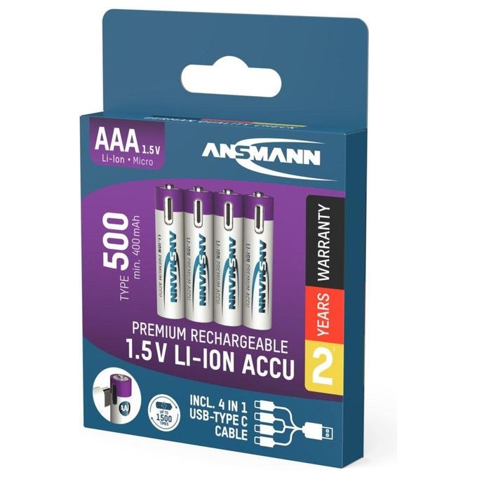 Ansmann Lithium Akku Micro AAA 400mAh  Cable 4 Pezzi