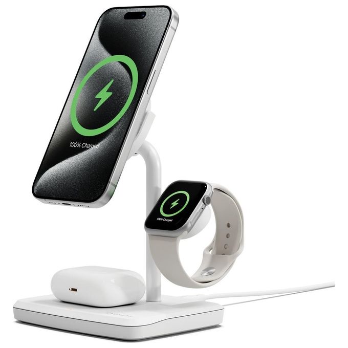 Cygnett CY5101BUNCP ChargeBase Base di Ricarica Wireless 3 in 1 Qi2 15W per iPhone AirPods Apple Watch colore Bianco