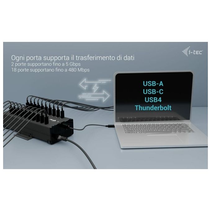 I-tec CACHRGHUB20C Hub USB 20 Porte USB-C Ricarica Rapida 15W per Porta 300W Totali Dati 5 Gbps colore Nero