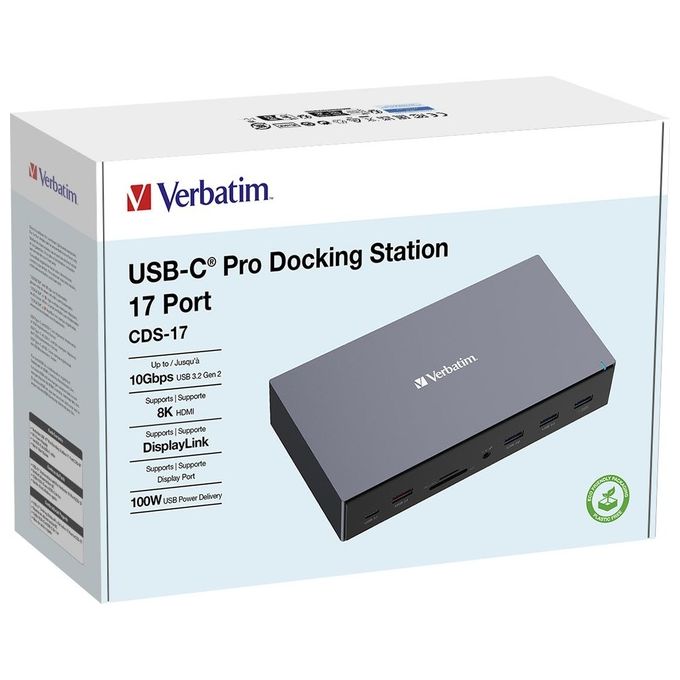 Verbatim 32172 CDS-17 Stazione di Docking USB-C 17 Porte HDMI 8K USB 10 Gbit-s RJ45 Gigabit SD microSD Alimentazione 100W colore Nero Grigio