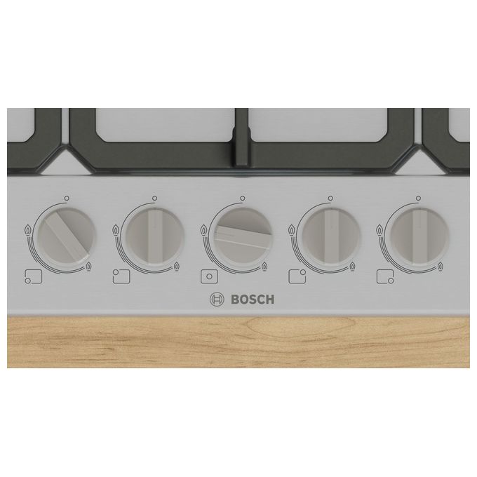 Bosch PGQ7B5K90 Serie 4 Piano cottura a gas 75 cm 5 fuochi Bruciatore Wok 3300 W Griglie in ghisa colore Inox