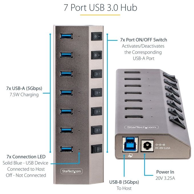 StarTech.com 5G7AIBS-USB-HUB-EU Hub USB 7 Porte Autoalimentato con Interruttori Individuali USB 3.2 Gen 1 5Gbps Cavo USB-C e USB-A Incluso colore Grigio