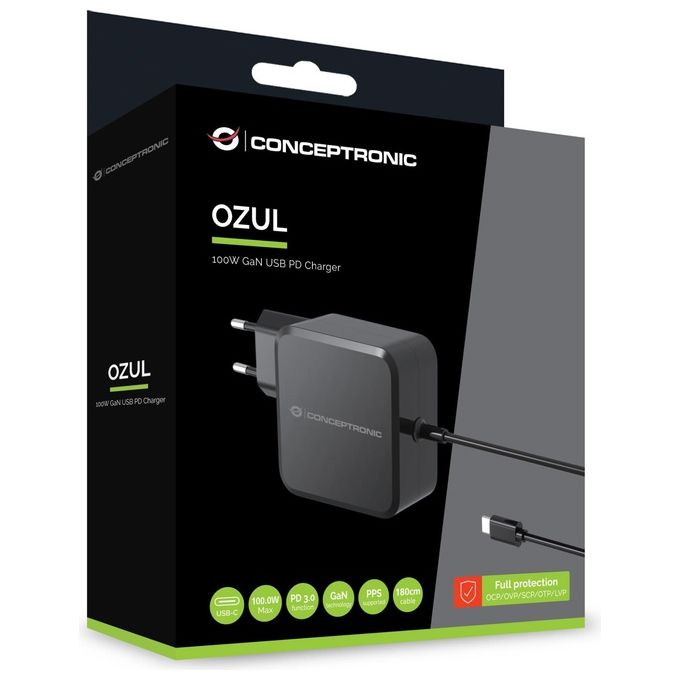 CONCEPTRONIC OZUL05BE Caricatore USB PD 100W con Cavo USB-C Integrato 180 cm colore Nero
