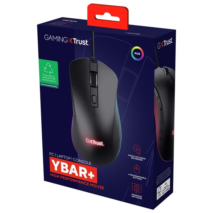 Trust 24890 GXT 924 Ybar+ Mouse Gaming 25600 DPI 6 Pulsanti Programmabili USB RGB colore Nero