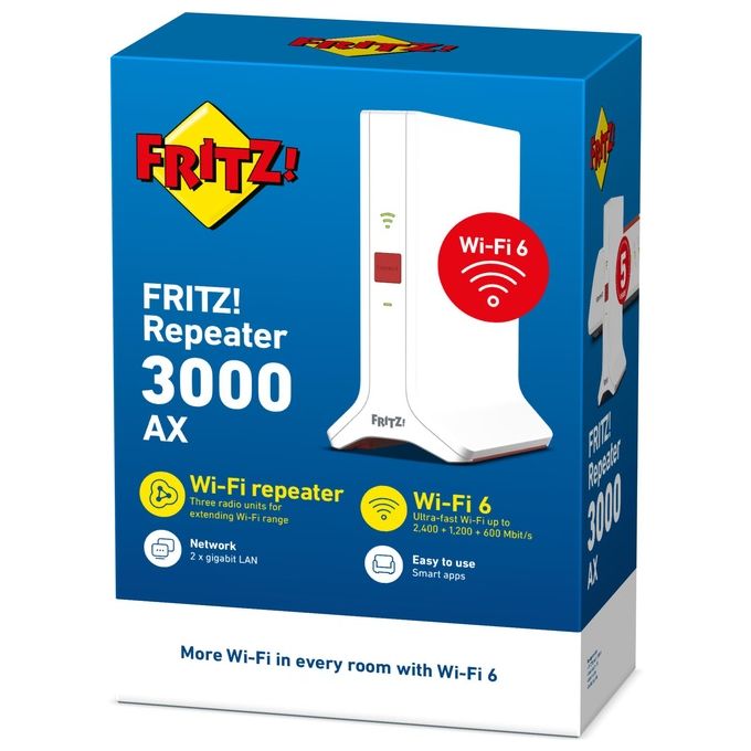 Fritz! 20002991 Repeater 3000 AX Ripetitore Wi-Fi 6 Triband Mesh 4200 Mbit-s 2 Porte LAN Gigabit colore Bianco