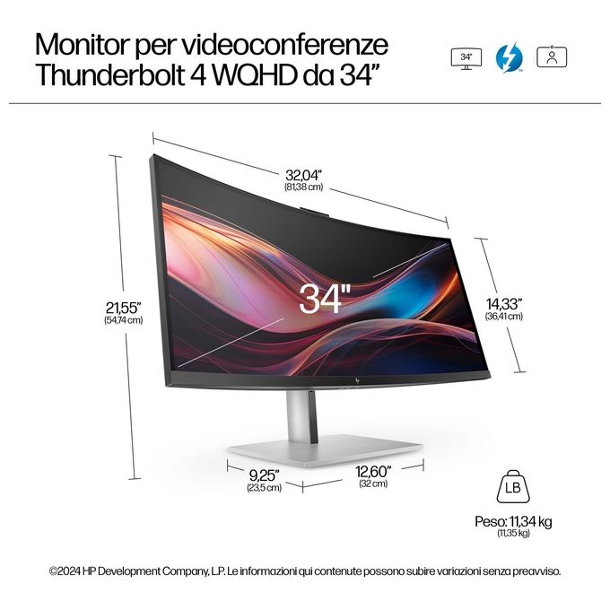 HP 8K157UT#ABB Series 7 Pro Monitor 34'' WQHD IPS Black Curvo con Webcam 5 MP HDR e Thunderbolt 4 colore Nero