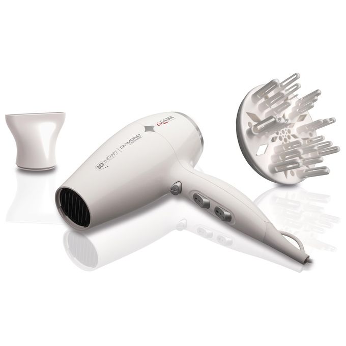 Ga.ma GH0302 Diamond Ceramic Ion Asciugacapelli 2200W tecnologia ionica ceramica 2 velocita' 3 temperature colpo aria fredda bocchetta e diffusore inclusi colore Bianco