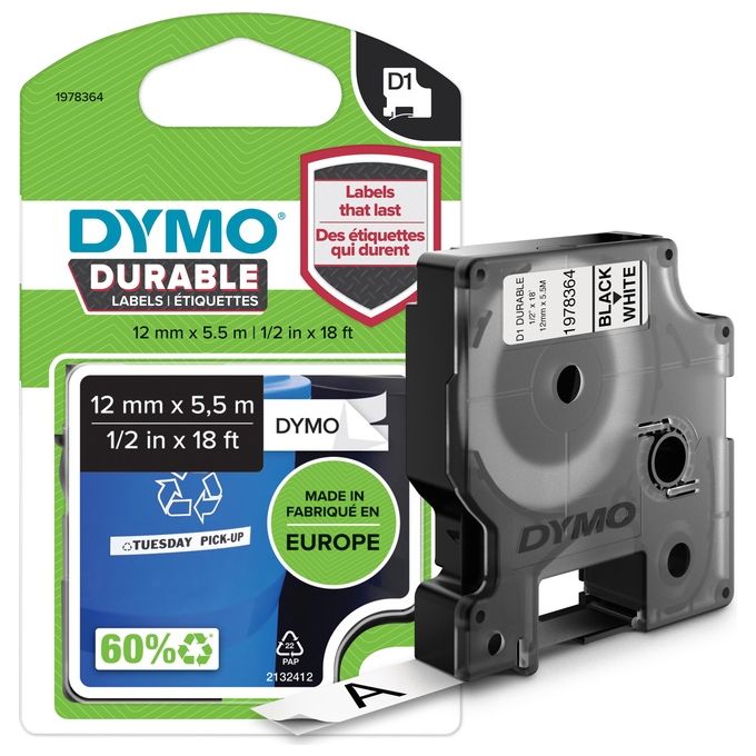 DYMO d1 Durable 12 mm x 5,5 m nero Bianco Permanente