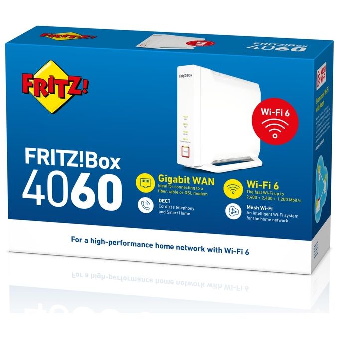 FRITZ! 20002952 FRITZ!Box 4060 Router Wireless Wi-Fi 6 Tri Band 6000 Mbit-s WAN 2.5 Gb 3x LAN Gigabit USB 3.0 Mesh Base DECT colore Bianco