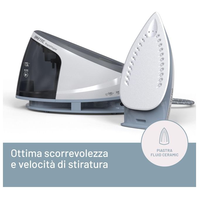 Imetec 9033 Rapidvapor Ferro da Stiro con Caldaia Piastra Fluid Ceramic 2400 W 5 bar Colpo Vapore 240 g-min Serbatoio 1,2 L colore Blu Grigio