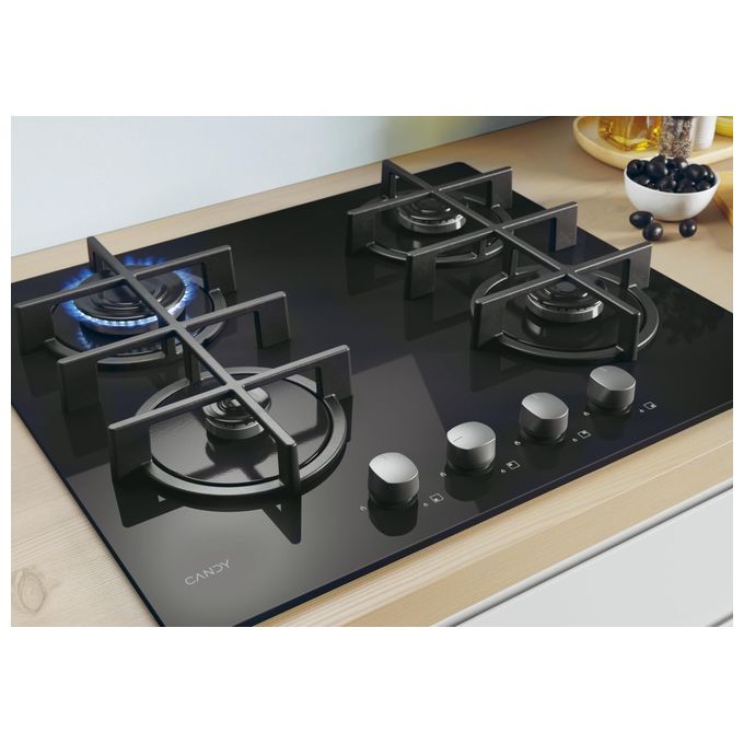 Candy CVG6B New Timeless Piano cottura a gas su vetro 60 cm 4 fuochi griglie in ghisa manopole inox colore Nero