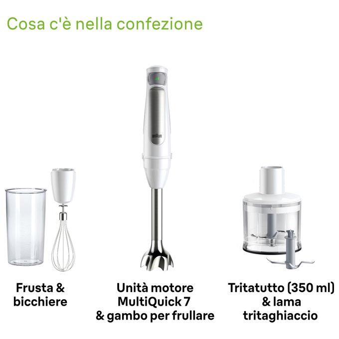 Braun MQ7035IW MultiQuick 7 Frullatore ad immersione 1000W PowerBell Vplus tritatutto 0,5L bicchiere 0,6L frusta colore Bianco