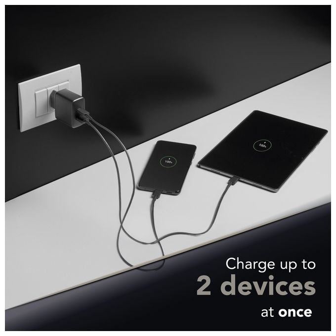 Cellularline ACHUSB2PD32WK MULTIPOWER PD 32W Caricabatterie da Rete con USB-C 20W e USB-A 12W colore Nero