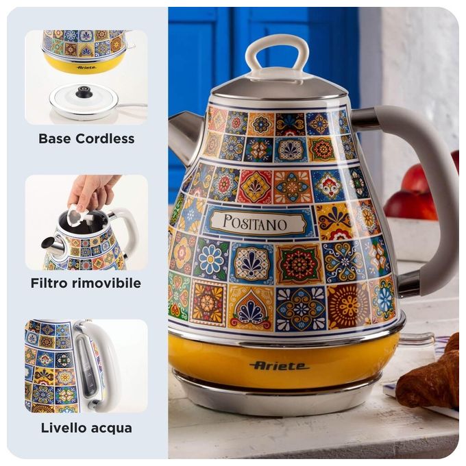 Ariete 2869 Positano Bollitore Elettrico 1.7 L 2200 W Base Cordless 360° Spegnimento Automatico Doppia Parete colore Giallo Blu