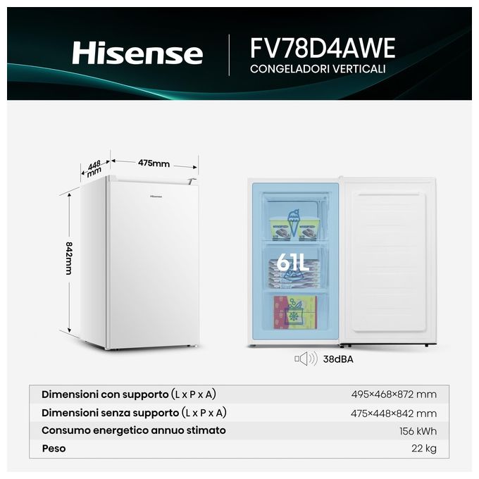 Hisense FV78D4AWE Congelatore Verticale 61 L 84 cm Classe E 38 dB Libera Installazione 3 Cassetti Porta Reversibile colore Bianco