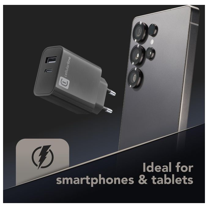 Cellularline ACHUSB2PD32WK MULTIPOWER PD 32W Caricabatterie da Rete con USB-C 20W e USB-A 12W colore Nero