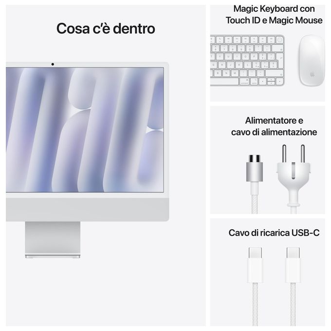 Apple MWUV3T-A iMac PC All-in-one Display Retina 4.5K 4480 x 2520 Pixel Chip M4 10 core CPU 10 core GPU 16 GB 512 GB SSD colore Argento