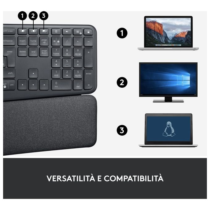 Logitech 920-010349 ERGO K860 Tastiera Split Ergonomica Wireless Bluetooth Layout Italiano QWERTY con Supporto Polso Regolabile colore Grafite