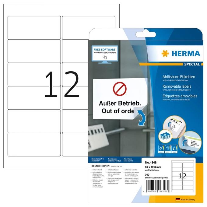 Herma Etichette Rimovibili 96x42,3mm 25 Fogli DIN A4 300 Pezzi