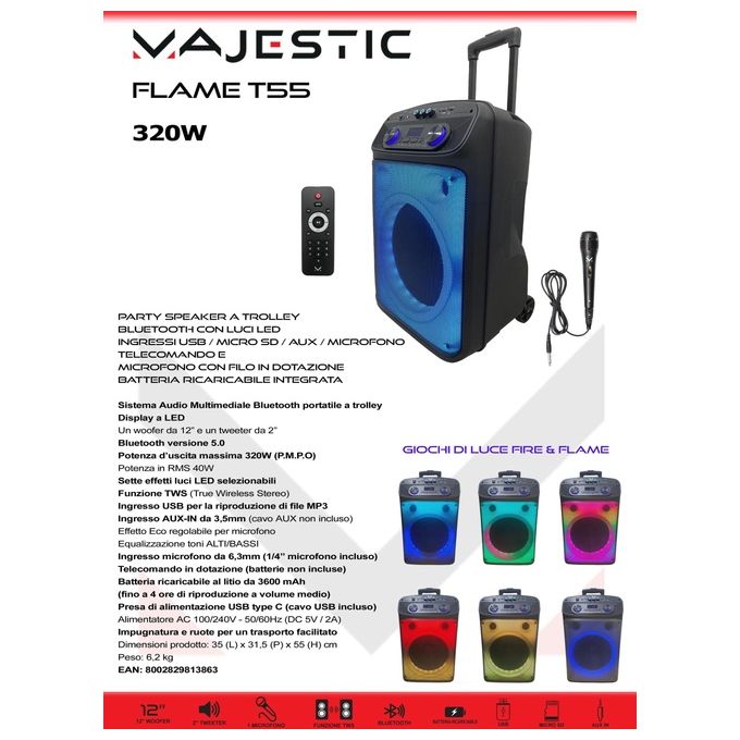 Majestic 116355 BK Flame T55 Party Speaker a Trolley Bluetooth 320W PMPO 40W RMS Woofer 12'' Tweeter 2'' Luci LED Microfono Incluso Telecomando USB Type-C MicroSD TWS colore Nero