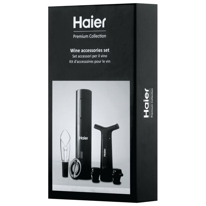 Haier HAWUKIT06 Set da Vino Elettrico 6 in 1 Ricaricabile USB Apribottiglie Aeratore Tagliacapsule Pompetta Sottovuoto 2 Tappi colore Nero