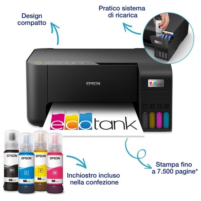 Epson ET-2860 EcoTank Stampante Multifunzione Inkjet A4 3in1 Serbatoi Ricaricabili Wi-Fi USB 5760x1440 DPI 33 ppm colore Nero