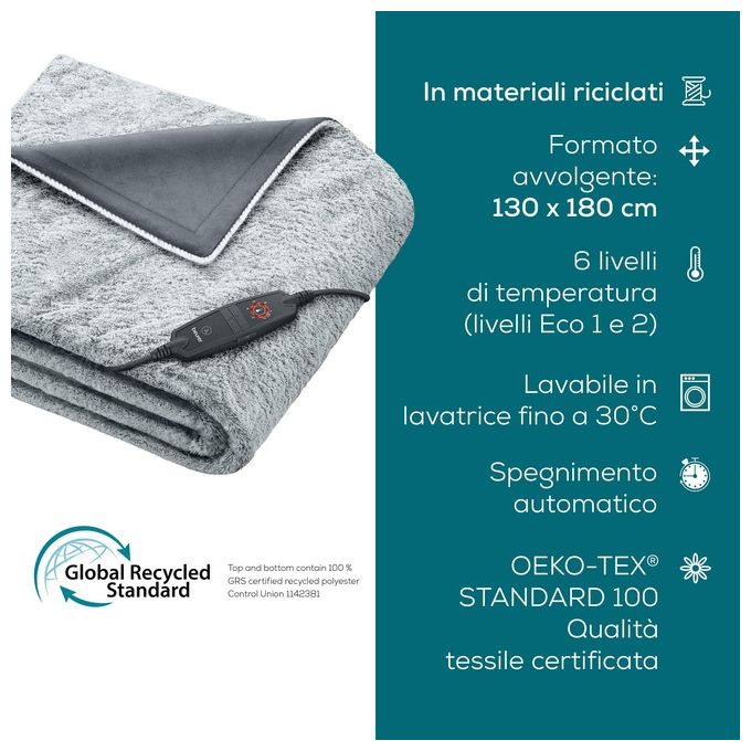 Beurer HD 75 Nordic Grey Green Planet Termocoperta 180x130 cm 6 Livelli di Temperatura Spegnimento Automatico Lavabile colore Grigio
