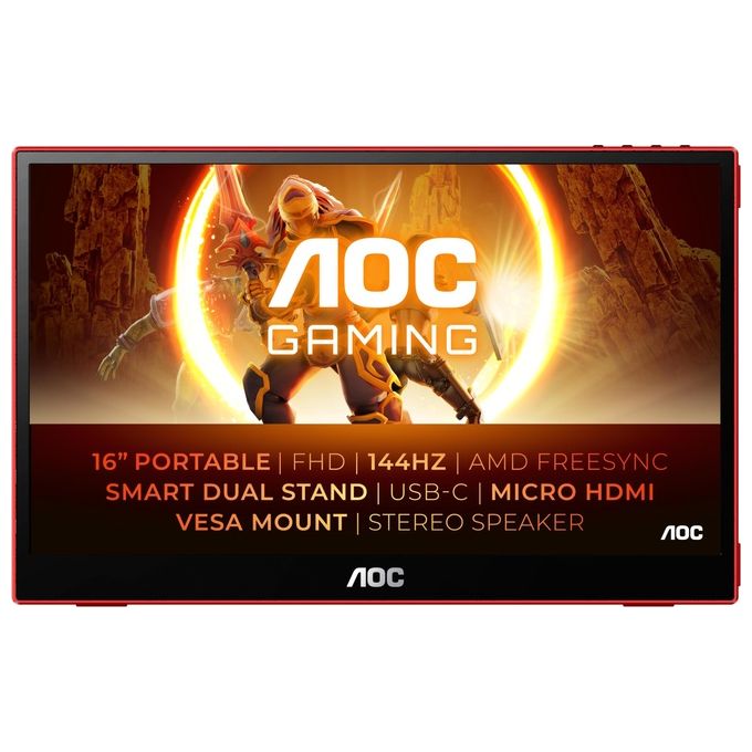 AOC 16G3 Monitor portatile da gaming 15.6'' IPS Full HD 144 Hz FreeSync USB-C HDMI colore Nero Rosso
