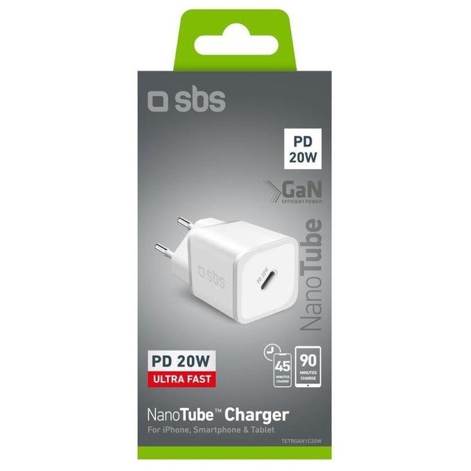 Sbs Mini Wall Charger White Caricabatterie 1xUSB-C GaN Power Delivery 20W