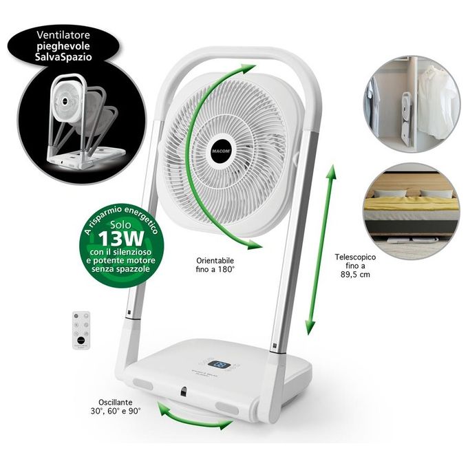 Macom 986 Slimmy Ventilatore a Piantana Pieghevole 9 Velocita' 13W Timer 8h Telecomando colore Bianco