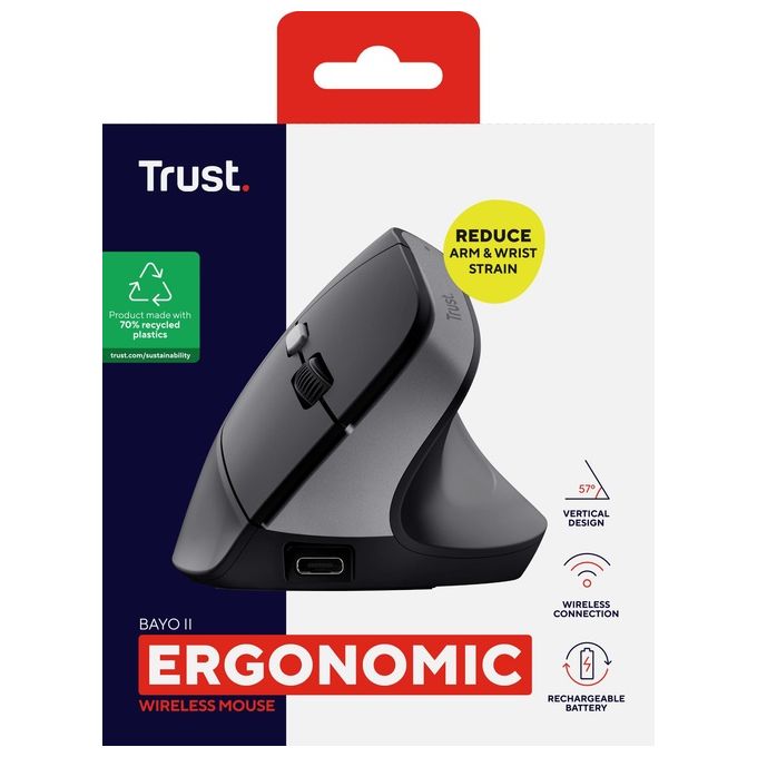 Trust 25145 Bayo II Mouse Ergonomico Wireless RF Ottico 2400 DPI 6 Tasti Ricaricabile USB-C colore Nero